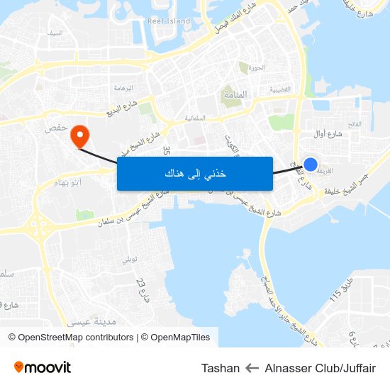 Alnasser Club/Juffair to Tashan map