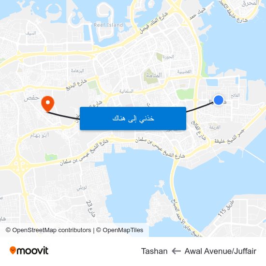Awal Avenue/Juffair to Tashan map