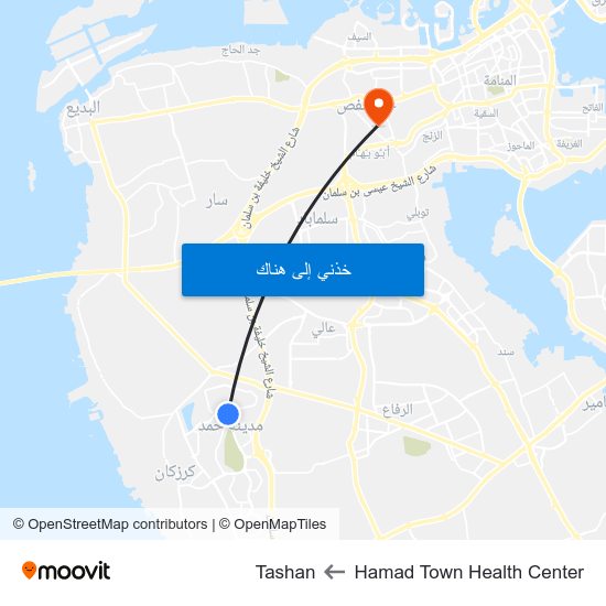 Hamad Town Health Center to Tashan map