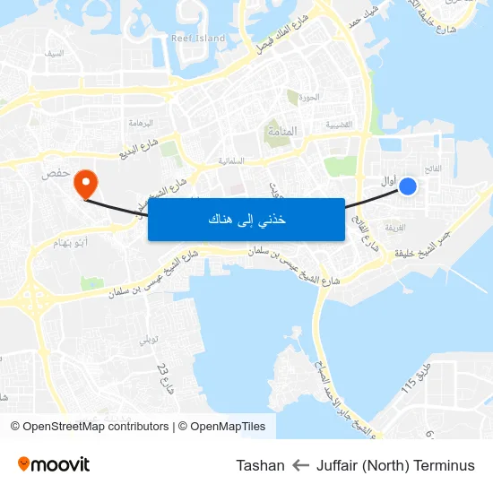 Juffair (North) Terminus to Tashan map
