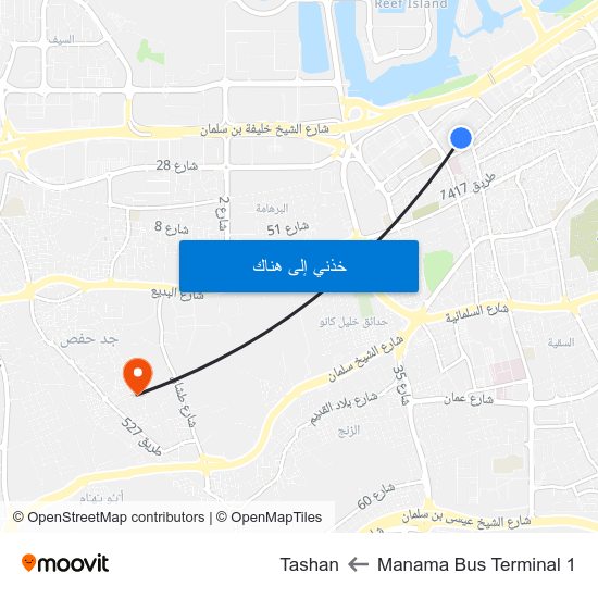 Manama Bus Terminal 1 to Tashan map