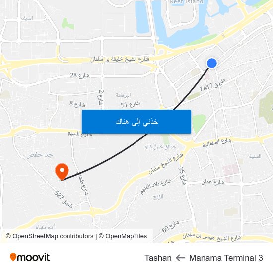 Manama Terminal 3 to Tashan map