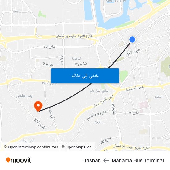 Manama Bus Terminal to Tashan map