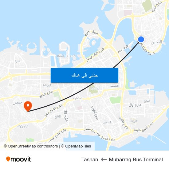 Muharraq Bus Terminal to Tashan map