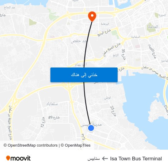 Isa Town Bus Terminal to سنابيس map