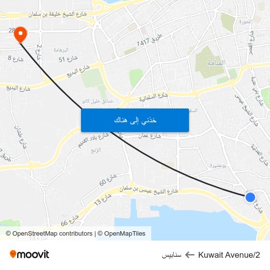 Kuwait Avenue/2 to سنابيس map