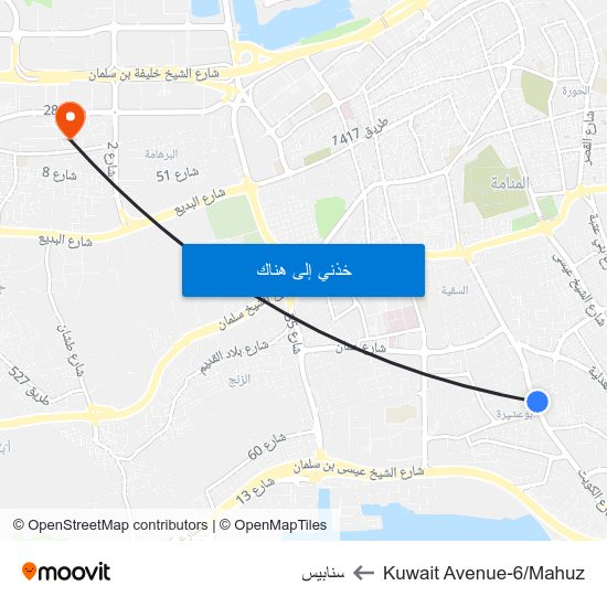 Kuwait Avenue-6/Mahuz to سنابيس map