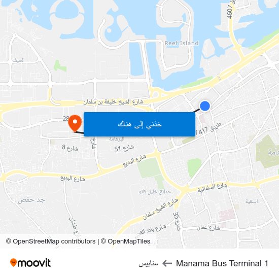 Manama Bus Terminal 1 to سنابيس map