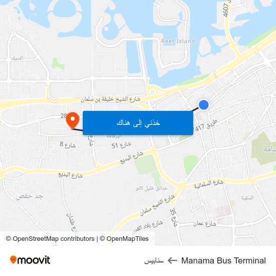 Manama Bus Terminal to سنابيس map