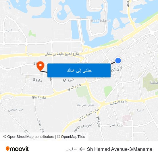 Sh Hamad Avenue-3/Manama to سنابيس map