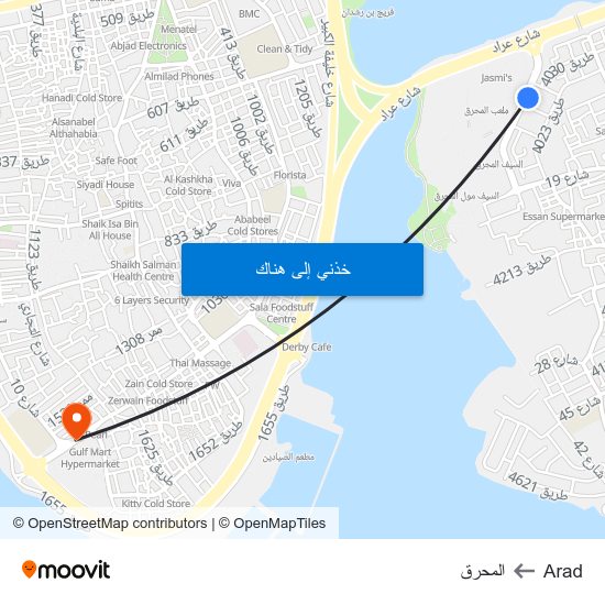 Arad to المحرق map