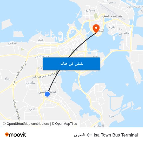 Isa Town Bus Terminal to المحرق map