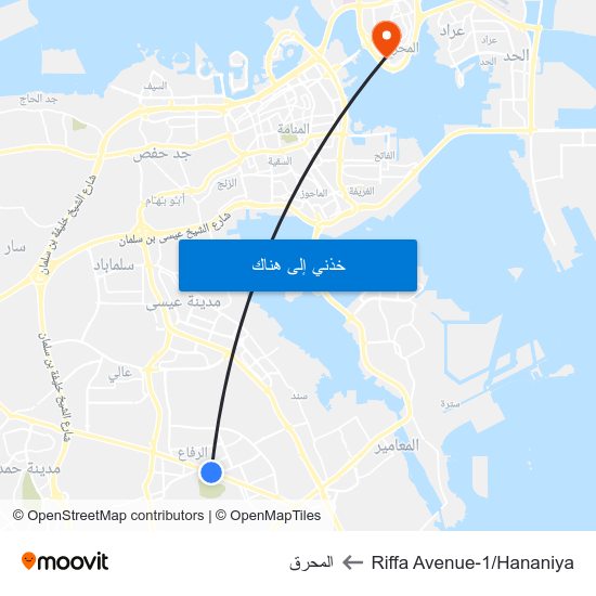 Riffa Avenue-1/Hananiya to المحرق map