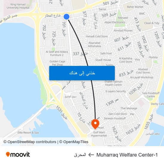 Muharraq Welfare Center-1 to المحرق map