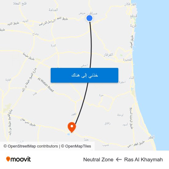 Ras Al Khaymah to Neutral Zone map