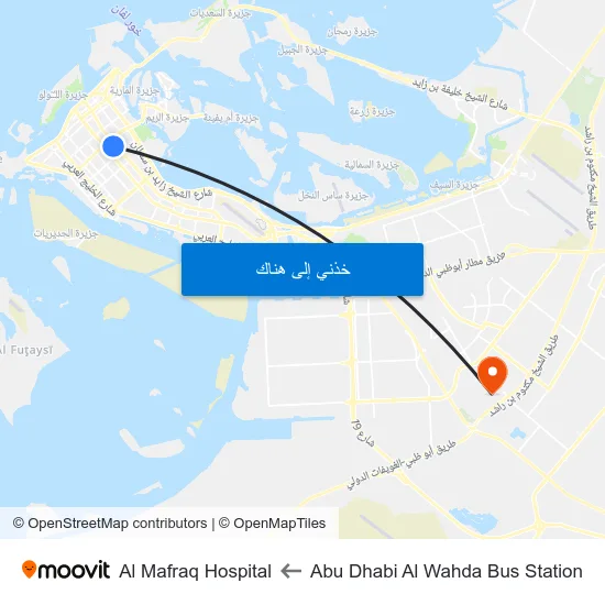 Abu Dhabi Al Wahda Bus Station to Al Mafraq Hospital map