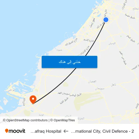 International City, Civil Defence - 2 to Al Mafraq Hospital map