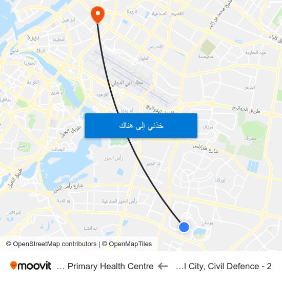 International City, Civil Defence - 2 to Hor-Al-Anz Primary Health Centre map