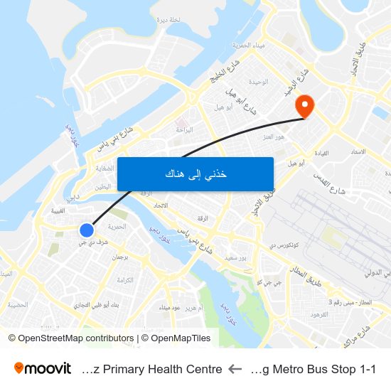 Sharaf Dg Metro Bus Stop 1-1 to Hor-Al-Anz Primary Health Centre map