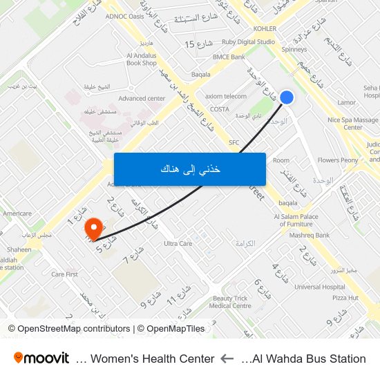 Abu Dhabi Al Wahda Bus Station to Al Corniche Women's Health Center map