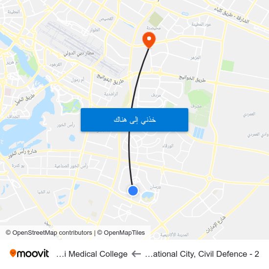 International City, Civil Defence - 2 to Dubai Medical College map