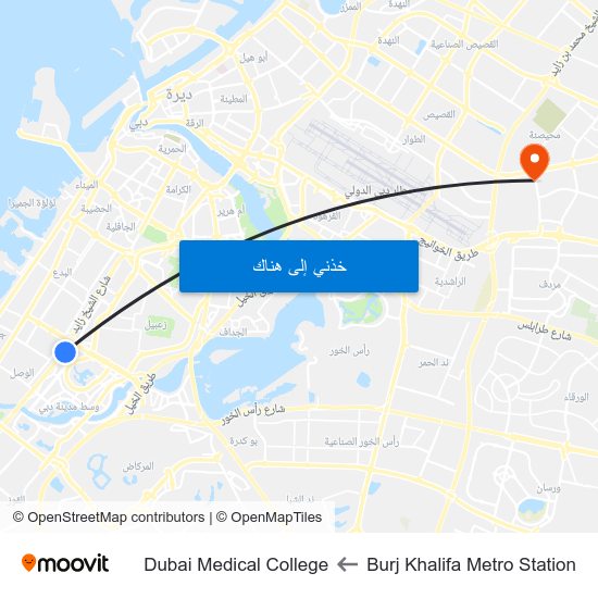 Burj Khalifa Metro Station to Dubai Medical College map
