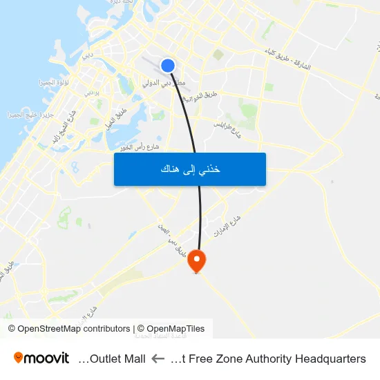 Dubai Airport Free Zone Authority Headquarters to Dubai Outlet Mall map