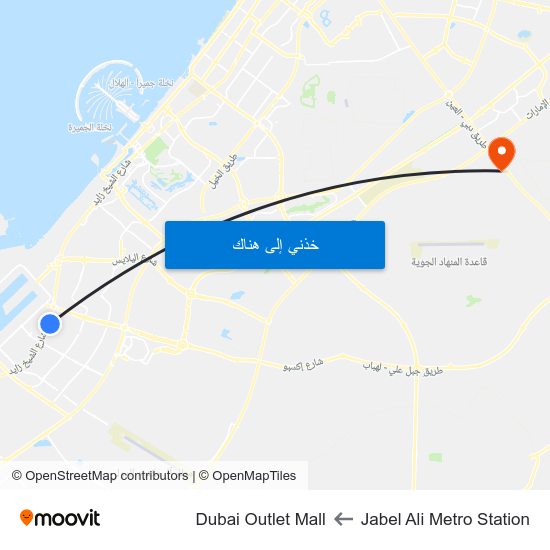 Jabel Ali Metro Station to Dubai Outlet Mall map