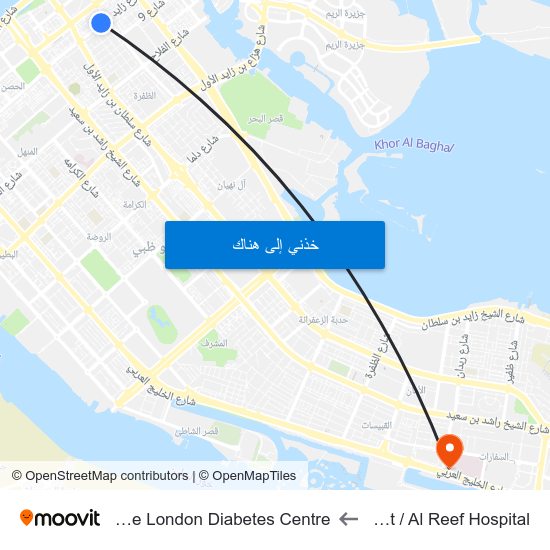 Zayed 1st St / Al Reef Hospital to Imperial College London Diabetes Centre map