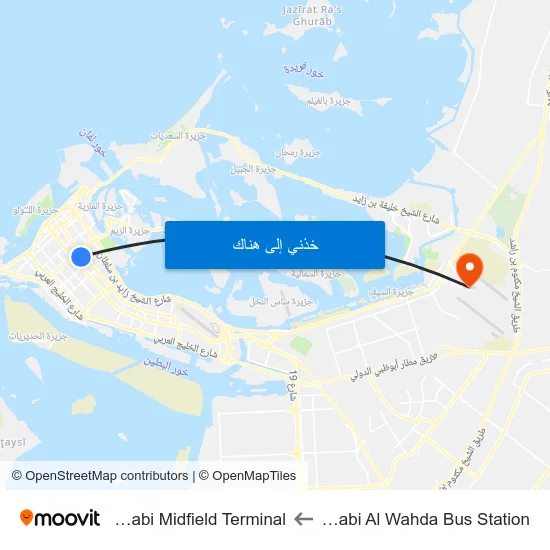 Abu Dhabi Al Wahda Bus Station to Abu Dhabi Midfield Terminal map