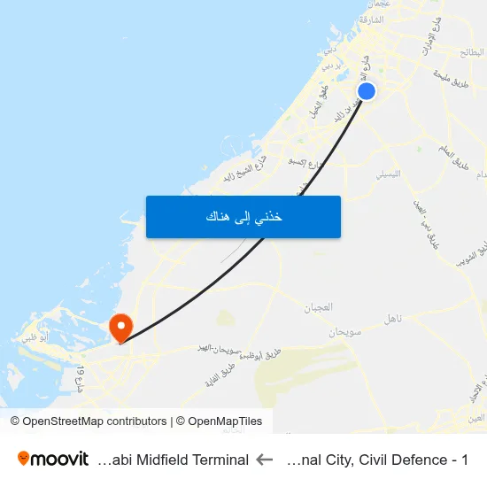 International City, Civil Defence - 1 to Abu Dhabi Midfield Terminal map