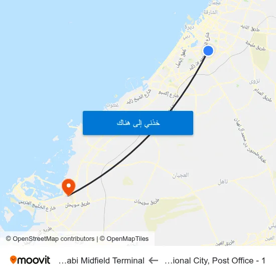 International City, Post Office - 1 to Abu Dhabi Midfield Terminal map