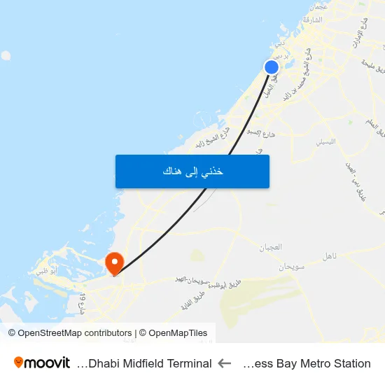 Business Bay Metro Station to Abu Dhabi Midfield Terminal map