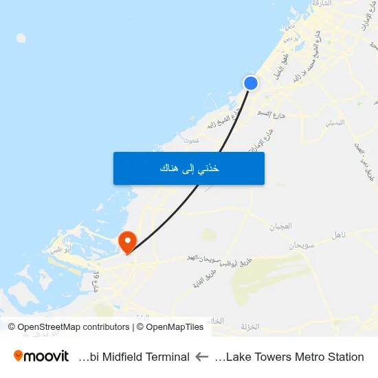 Jumeirah Lake Towers Metro Station to Abu Dhabi Midfield Terminal map