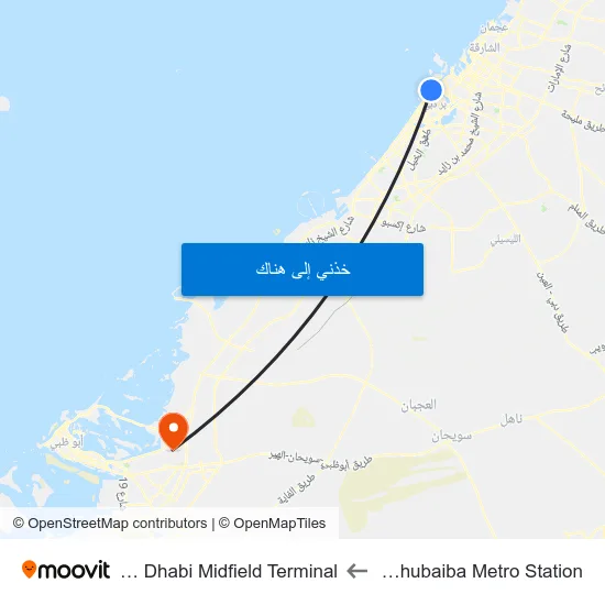Al Ghubaiba Metro Station to Abu Dhabi Midfield Terminal map