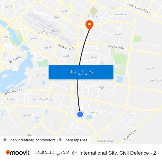 International City, Civil Defence - 2 to كلية دبي الطبية للبنات map