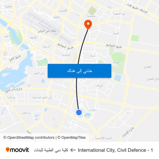 International City, Civil Defence - 1 to كلية دبي الطبية للبنات map