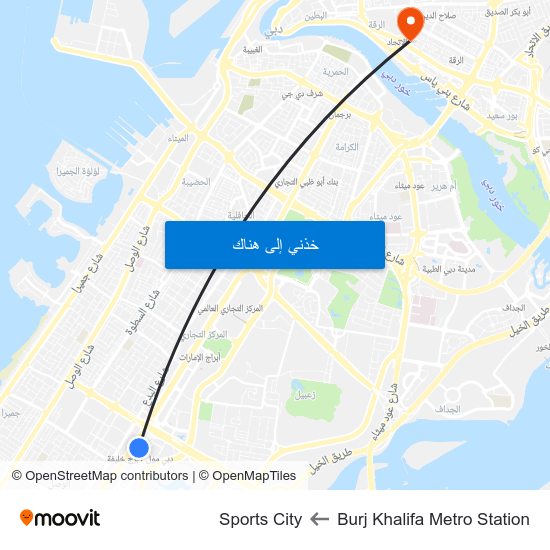 Burj Khalifa Metro Station to Sports City map