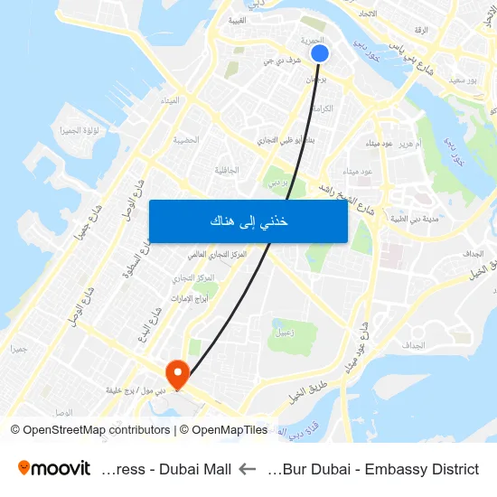 Holiday Inn Bur Dubai - Embassy District to The Address - Dubai Mall map