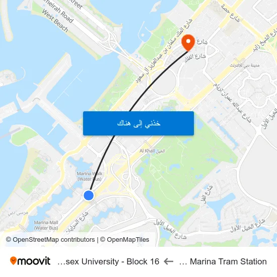 Dubai Marina Tram Station to Middlesex University - Block 16 map