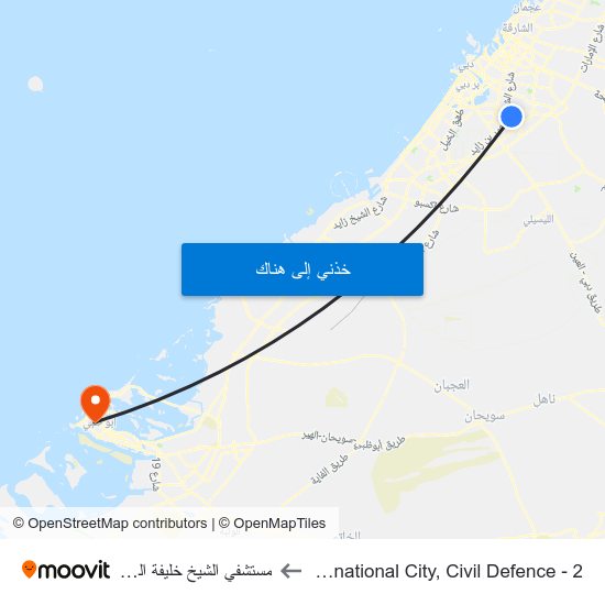 International City, Civil Defence - 2 to مستشفي الشيخ خليفة الطبية map