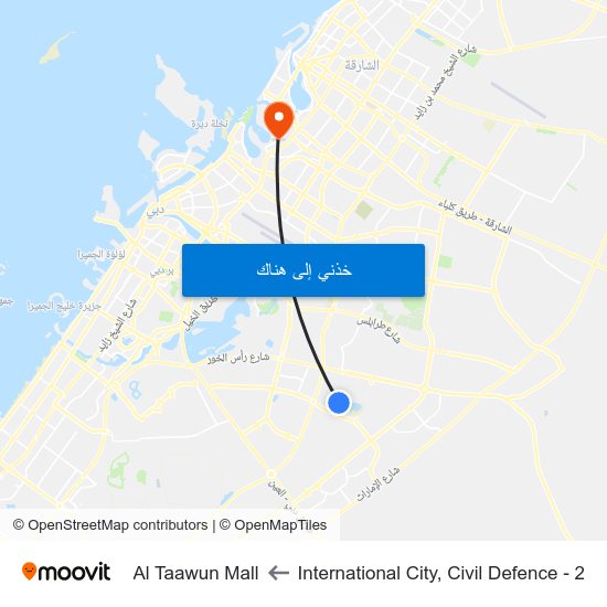 International City, Civil Defence - 2 to Al Taawun Mall map