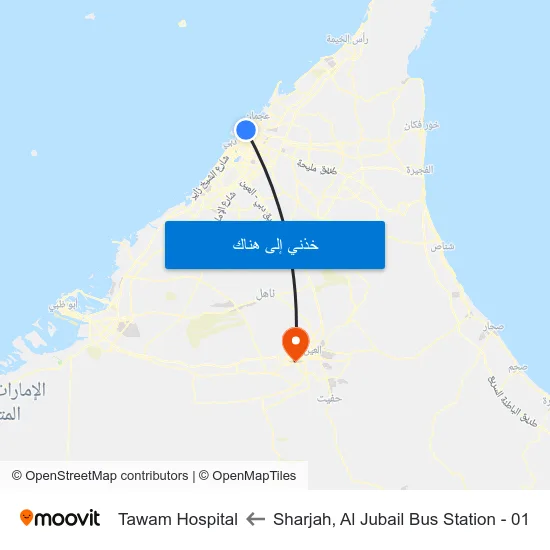 Sharjah, Al Jubail Bus Station - 01 to Tawam Hospital map