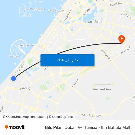 Tunisia - Ibn Battuta Mall to Bits Pilani Dubai map