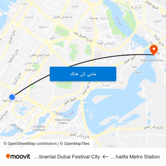 Burj Khalifa Metro Station to Intercontinental Dubai Festival City map