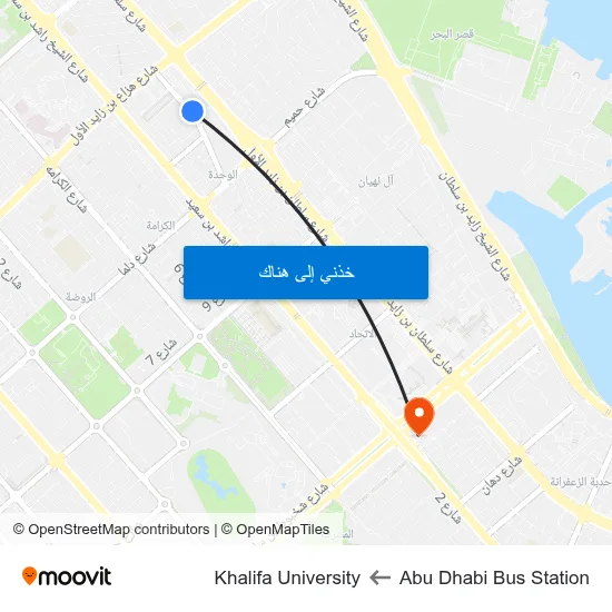 Abu Dhabi Bus Station to Khalifa University map