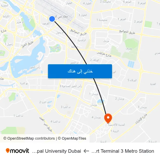 Airport Terminal 3 Metro Station to Manipal University Dubai map