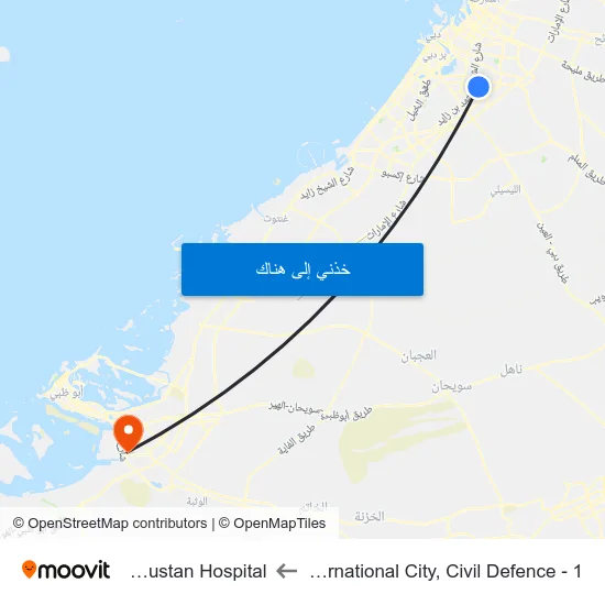 International City, Civil Defence - 1 to Al Bustan Hospital map
