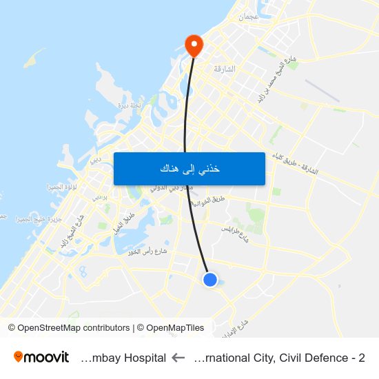 International City, Civil Defence - 2 to Thumbay Hospital map