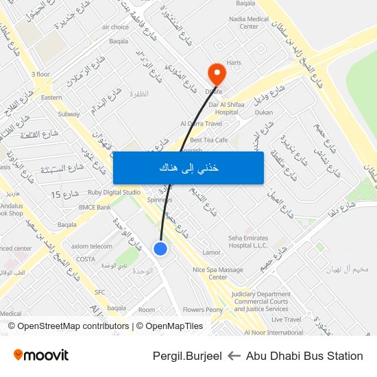 Abu Dhabi Bus Station to Pergil.Burjeel map